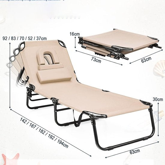 Coast Ligstoel met Gezichtsgat - Inklapbaar - 5 Voudig Verstelbaar - Beige