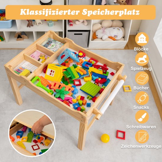 Coast 2-in-1 Kindertafel Omkeerbaar Tafelblad – 86,5 x 60 x 57 cm – Natuur/Wit – Speeltafel met Opbergruimte en Papierrol