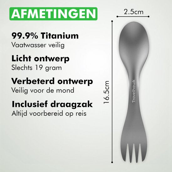 Travelhawk Titanium Spork Set - 2 Stuks - Lichtgewicht Campingbestek met Vork en Lepel in Één - Inclusief Draagzak**