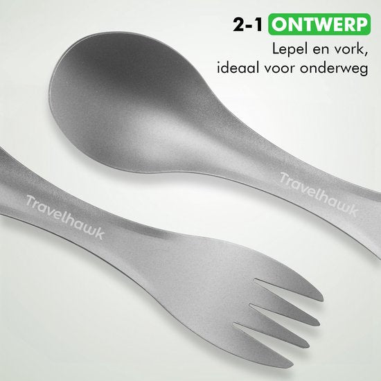 Travelhawk Titanium Spork Set - 2 Stuks - Lichtgewicht Campingbestek met Vork en Lepel in Één - Inclusief Draagzak**