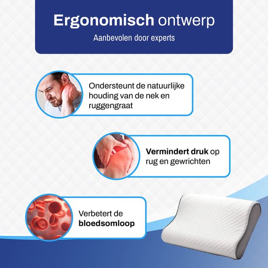 Sleeptight Ergonomisch Hoofdkussen Wit – Orthopedisch Traagschuim Kussen voor Nekondersteuning – 60 x 40 x 12 cm