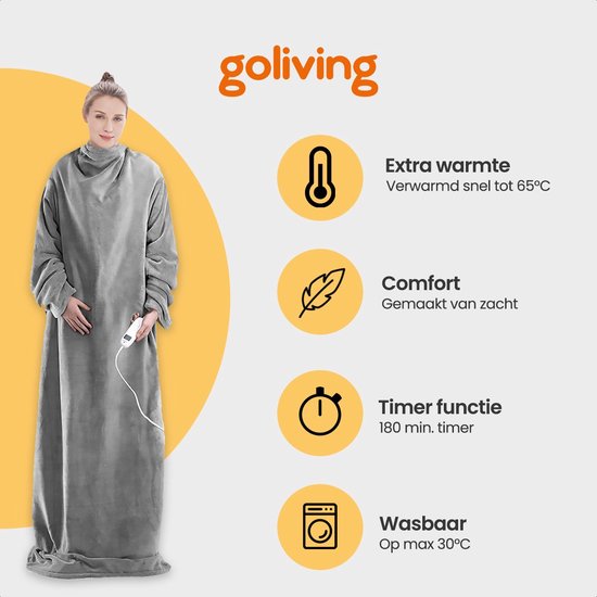 Goliving - Elektrische deken met mouwen - Fleece - Knuffeldeken groot - Wasbaar - met 9 standen en timer - 195x125cm - Grijs