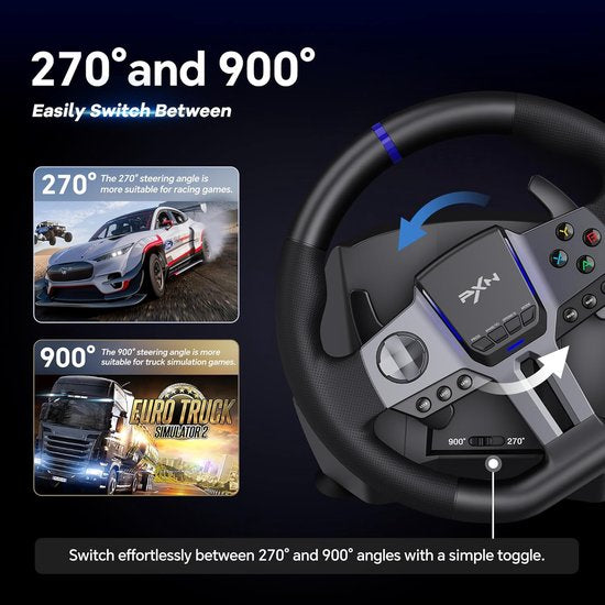 PXN Gaming Stuur - V9 Gen 2 - 270/900° - Pedalen - Shifter - Multiplatform - Zwart