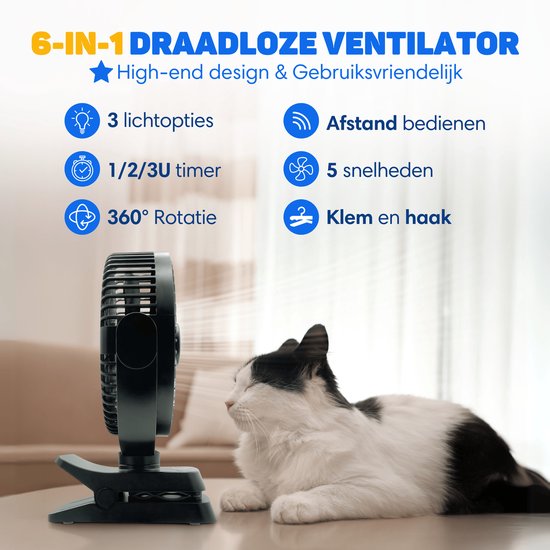 Vulpes Goods® Tech - Tafelventilator MAX - Ventilator - Oplaadbaar & Draadloos - Stille USB Ventilator met Afstandsbediening - 5 Snelheden & Verlichting - Ultra Stil - 12000 mAh & Powerbankfunctie - Zwart
