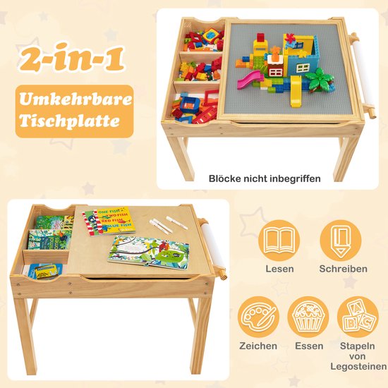 Coast 2-in-1 Kindertafel Omkeerbaar Tafelblad – 86,5 x 60 x 57 cm – Natuur/Wit – Speeltafel met Opbergruimte en Papierrol