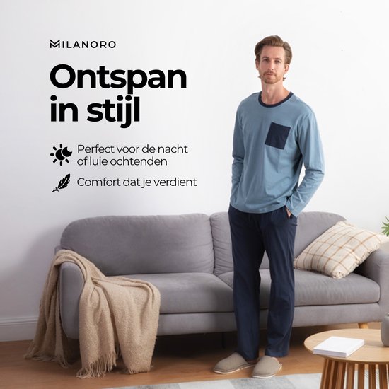 Milanoro - Katoenen pyjama voor heren - Blauw - XXL
