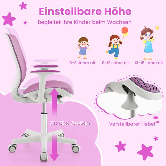 Coast Kinderbureaustoel – Ergonomische Draaistoel met Armleuningen en Zitremwielen – Zithoogte 43-55 cm
