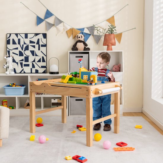 Coast 2-in-1 Kindertafel Omkeerbaar Tafelblad – 86,5 x 60 x 57 cm – Natuur/Wit – Speeltafel met Opbergruimte en Papierrol