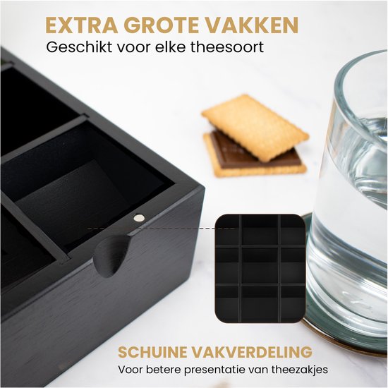Nimma Theedoos - 12 Vaks - Theedoos Zwart - Magneetsluiting - Thee Doos - Theedoos Losse Thee - Zwart