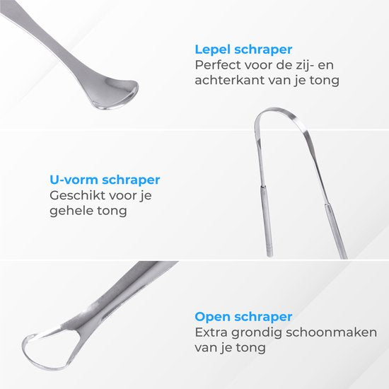 Nuvance - Professionele Tongschraper - 3 in 1 Set - voor Mondverzorging - Tongreiniger - Tong Schraper - Tongue Scraper - RVS