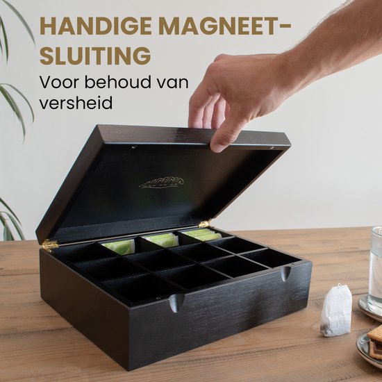 Nimma Theedoos - 12 Vaks - Theedoos Zwart - Magneetsluiting - Thee Doos - Theedoos Losse Thee - Zwart