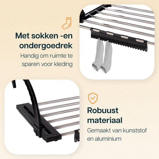 Duna Uitschuifbaar Hangdroogrek – 5 Meter Drooglengte – Voor Deur, Balkon, Radiator of Trapleuning – Met Inklapbare Haakjes en Sokkenrekje – Ruimtebesparend Wanddroogrek