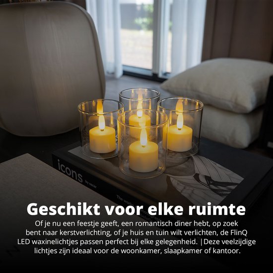 FlinQ Oplaadbare LED Waxinelichtjes – Bewegende Vlam – Incl. Afstandsbediening – Set van 6 – Ø4 x 5,5 cm – Wit