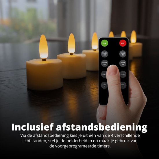 FlinQ Oplaadbare LED Waxinelichtjes – Bewegende Vlam – Incl. Afstandsbediening – Set van 6 – Ø4 x 5,5 cm – Wit