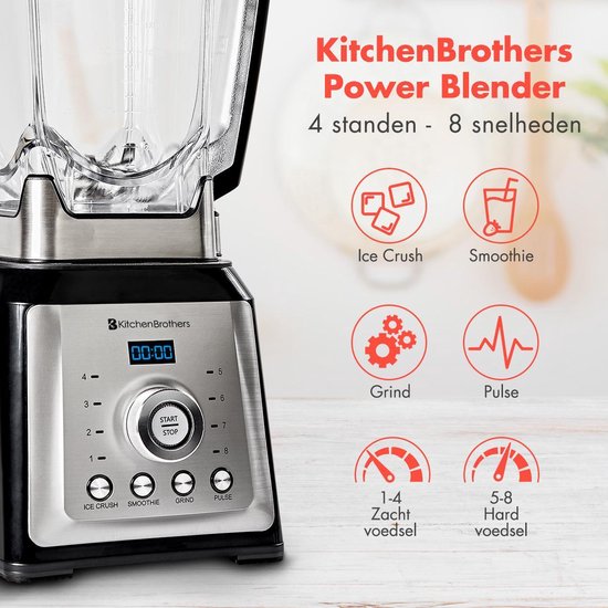 KitchenBrothers Powerblender – 4 Programma’s & 8 Snelheden – 2000 W – 23,5 x 18,7 x 45,5 cm – RVS