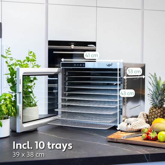 Vita5 Nobel Pro 10 XXL Droogoven - Dehydrator 10 Laags - RVS - 24-Uurs Timer - Led-bedieningspaneel - 1000 Watt - Zilver - 53x54x43 cm