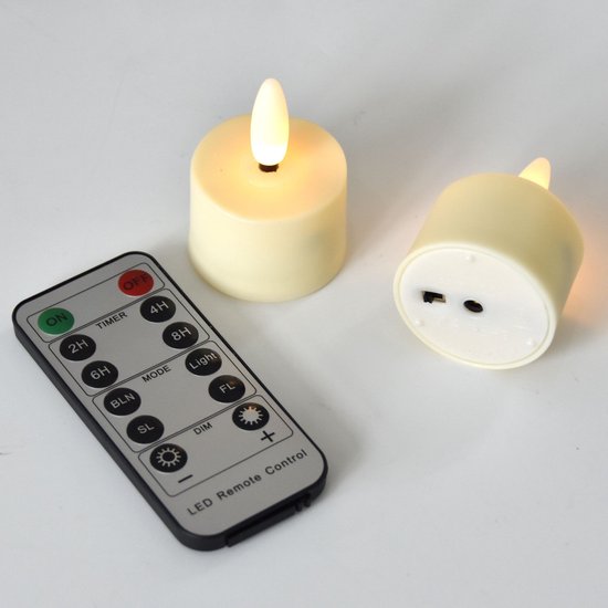 FlinQ Oplaadbare LED Waxinelichtjes – Bewegende Vlam – Incl. Afstandsbediening – Set van 6 – Ø4 x 5,5 cm – Wit