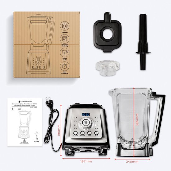 KitchenBrothers Powerblender – 4 Programma’s & 8 Snelheden – 2000 W – 23,5 x 18,7 x 45,5 cm – RVS