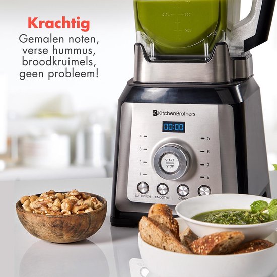 KitchenBrothers Powerblender – 4 Programma’s & 8 Snelheden – 2000 W – 23,5 x 18,7 x 45,5 cm – RVS