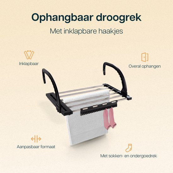 Duna Uitschuifbaar Hangdroogrek – 5 Meter Drooglengte – Voor Deur, Balkon, Radiator of Trapleuning – Met Inklapbare Haakjes en Sokkenrekje – Ruimtebesparend Wanddroogrek