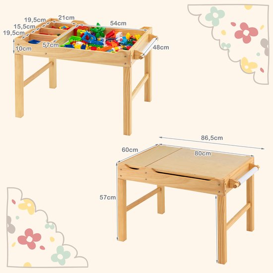 Coast 2-in-1 Kindertafel Omkeerbaar Tafelblad – 86,5 x 60 x 57 cm – Natuur/Wit – Speeltafel met Opbergruimte en Papierrol