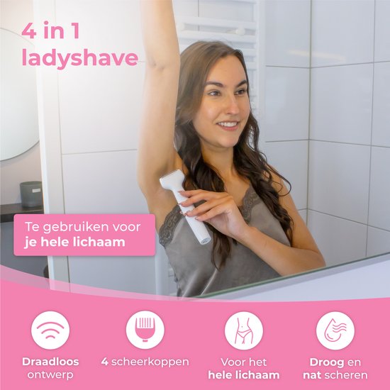 Nuvance - Ladyshave - Ladyshaves voor vrouwen - 4 Opzetstukken - met Wenkbrauw Trimmer - Bikinitrimmer - Scheerapparaat Vrouw - Lady Shave - Wit