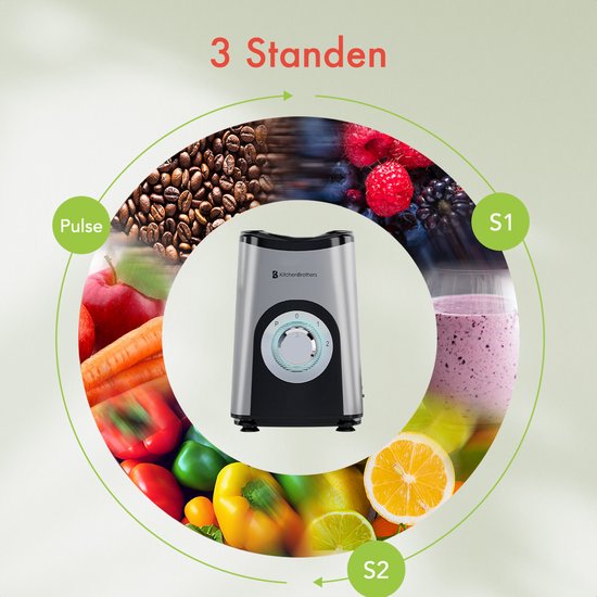 KitchenBrothers Smoothie Blender – Incl. 4 Bekers & 2 Messen – 350 W – 11.5 x 13 x 17 cm – Zilver