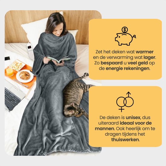 Goliving - Elektrische deken met mouwen - Fleece - Knuffeldeken groot - Wasbaar - met 9 standen en timer - 195x125cm - Grijs