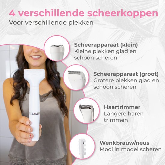 Nuvance - Ladyshave - Ladyshaves voor vrouwen - 4 Opzetstukken - met Wenkbrauw Trimmer - Bikinitrimmer - Scheerapparaat Vrouw - Lady Shave - Wit
