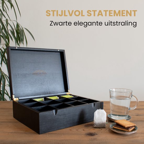 Nimma Theedoos - 12 Vaks - Theedoos Zwart - Magneetsluiting - Thee Doos - Theedoos Losse Thee - Zwart
