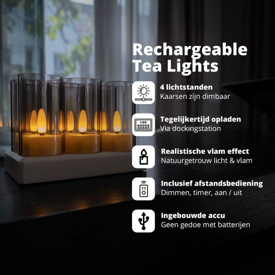 FlinQ Oplaadbare LED Waxinelichtjes – Bewegende Vlam – Incl. Afstandsbediening – Set van 6 – Ø4 x 5,5 cm – Wit
