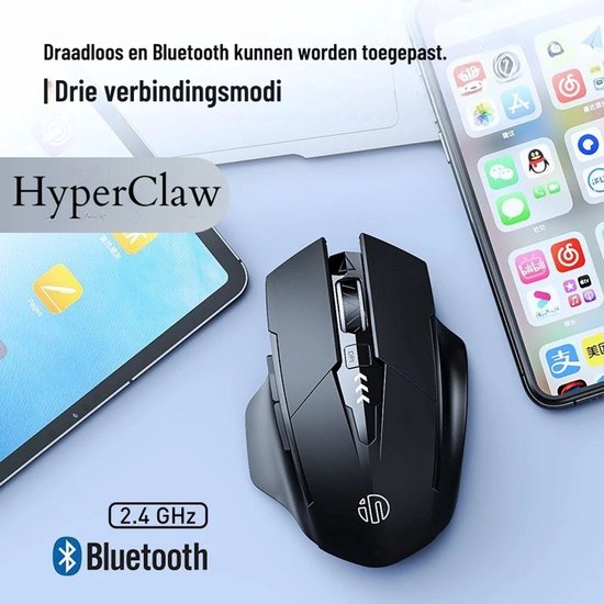 HyperClaw Elementkey Gaming Muis - 2 in 1 Bluetooth 5.0/4.0 + 2.4Ghz - 6-Knoppenontwerp – 1000/1200/1600DPI – Batterij Indicator – Zwart