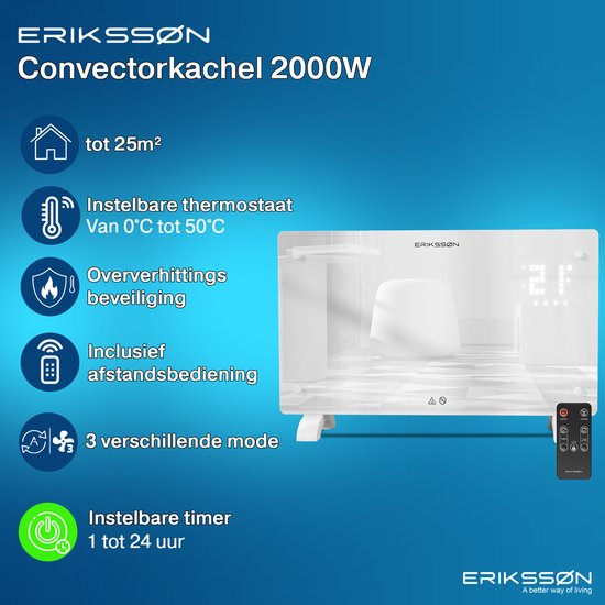 Erikssøn Elektrische Kachel - 2000W Heater - wit