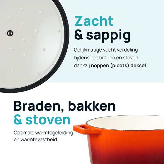MOA Gietijzeren Braadpan - 5,7L Stoofpot - Voor Alle Warmtebronnen incl. Inductie - Met Deksel - Ø 26cm - Anti-Aanbaklaag - PFAS-vrij - Rood