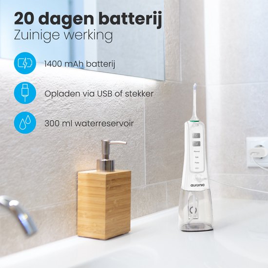 Auronic Waterflosser 300 ml - 4 Opzetstukjes - Wit