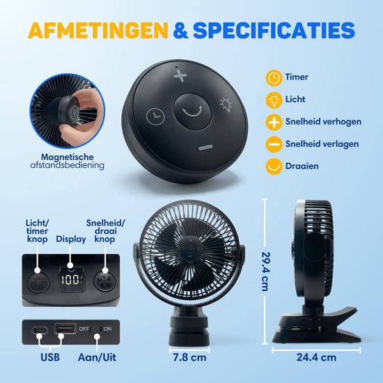 Vulpes Goods® Tech - Tafelventilator MAX - Ventilator - Oplaadbaar & Draadloos - Stille USB Ventilator met Afstandsbediening - 5 Snelheden & Verlichting - Ultra Stil - 12000 mAh & Powerbankfunctie - Zwart