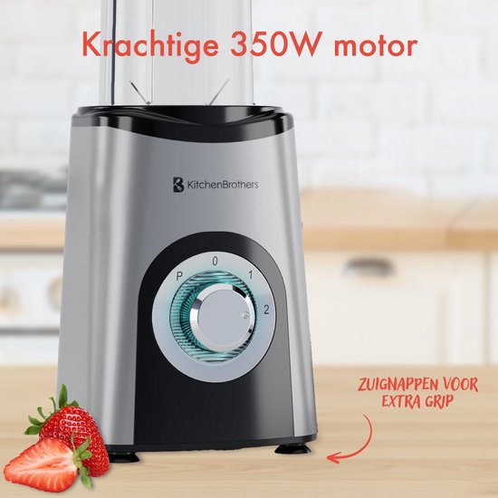 KitchenBrothers Smoothie Blender – Incl. 4 Bekers & 2 Messen – 350 W – 11.5 x 13 x 17 cm – Zilver