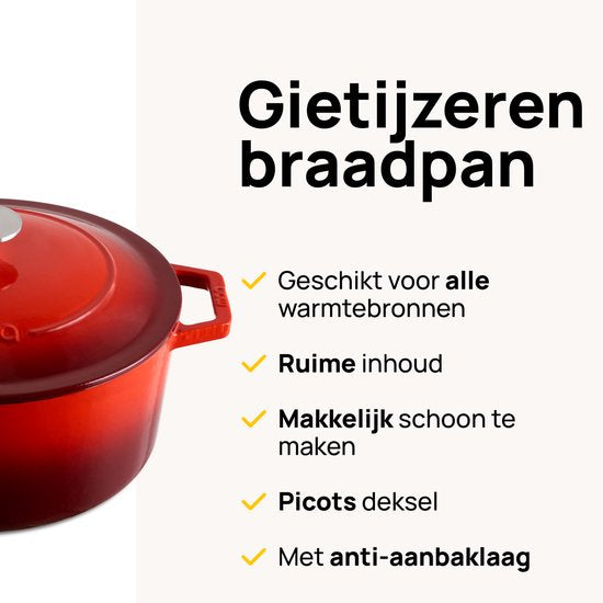 MOA Gietijzeren Braadpan - 5,7L Stoofpot - Voor Alle Warmtebronnen incl. Inductie - Met Deksel - Ø 26cm - Anti-Aanbaklaag - PFAS-vrij - Rood