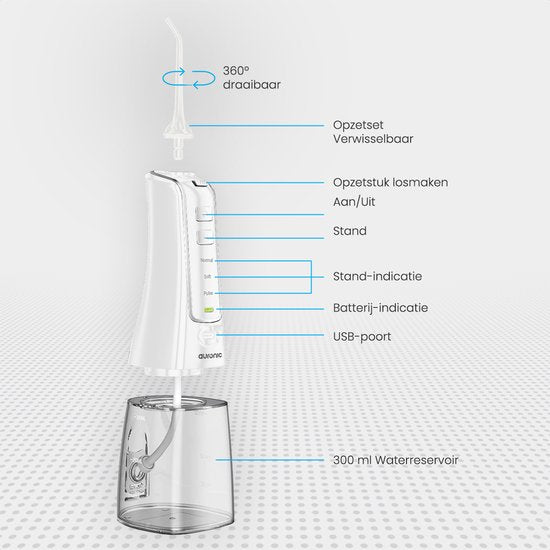 Auronic Waterflosser 300 ml - 4 Opzetstukjes - Wit