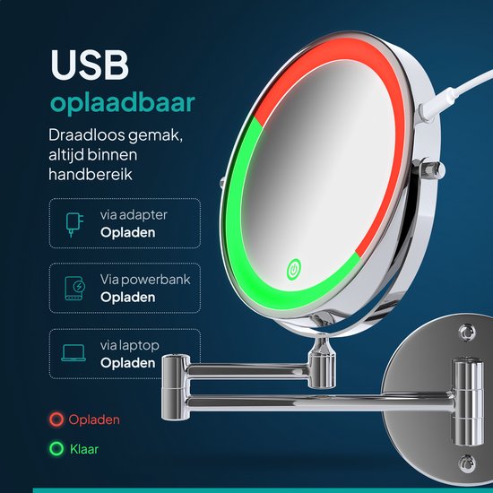 Mirlux Make-upspiegel met LED-verlichting - Oplaadbaar - 10x Vergroting - Vergrotende spiegel met licht - Scheerspiegel - Badkamerspiegel - Chroom