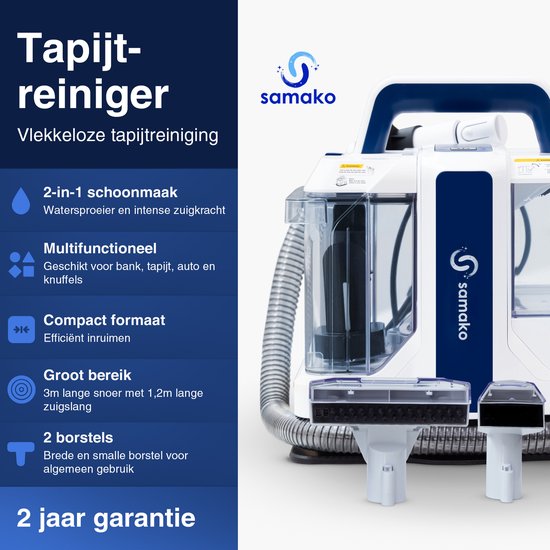 Samako Professionele Tapijtreiniger - Draagbare Vlekkenreiniger - Bankreiniger - Meubelreiniger - Stofzuiger -Tapijt - Met Extra Borstel