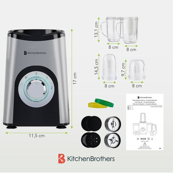 KitchenBrothers Smoothie Blender – Incl. 4 Bekers & 2 Messen – 350 W – 11.5 x 13 x 17 cm – Zilver