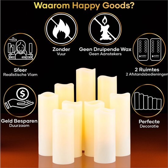 Happy Goods® - 9 delige Led kaarsen set - ECHTE WAX - 2 afstandsbedieningen – bewegende vlam