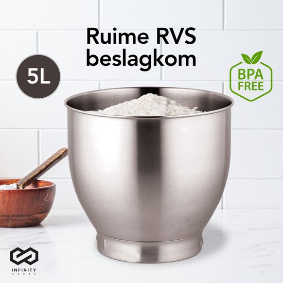 Infinity Goods Keukenmachine - Keukenmixer - 5L RVS Mengkom - Keukenrobot - Foodprocessor - Incl. Accessoires - 1000W - Zwart