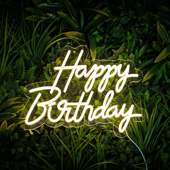 Partizzle Happy Birthday Neon Sign – LED Verlichting 41x31 cm – Dimbaar & Ophangbaar – USB Aansluiting – Feestelijke Verjaardagsdecoratie