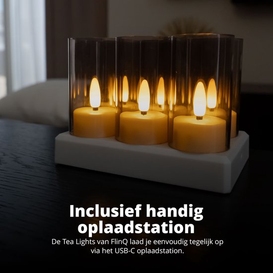 FlinQ Oplaadbare LED Waxinelichtjes – Bewegende Vlam – Incl. Afstandsbediening – Set van 6 – Ø4 x 5,5 cm – Wit