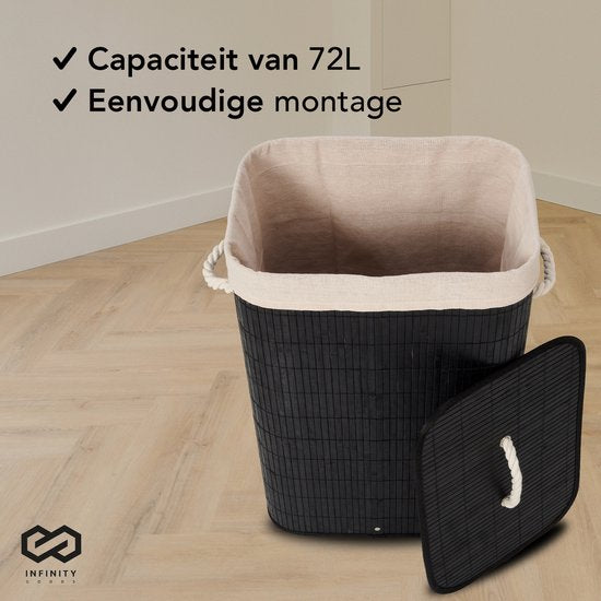 Infinity Goods Wasmand met Deksel Zwart - Bamboe - Wassorteerder - Wasbare katoenen waszak - Handvatten - 72 Liter - Zwart