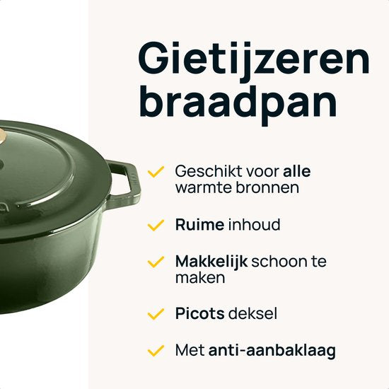 MOA Gietijzeren Braadpan - 7,2L Stoofpot - Voor Alle Warmtebronnen incl. Inductie - Met Deksel - Ø 30cm - Anti-Aanbaklaag - BPA-en PFAS-vrij - Groen