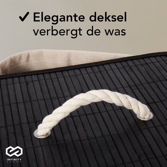 Infinity Goods Wasmand met Deksel Zwart - Bamboe - Wassorteerder - Wasbare katoenen waszak - Handvatten - 72 Liter - Zwart