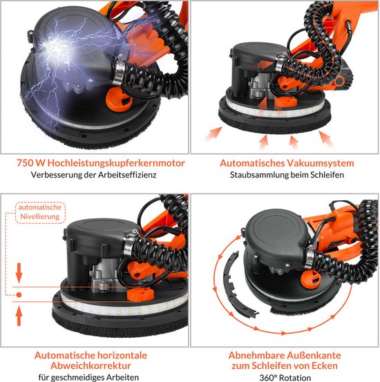 Costway schuurmachine voor droge muren - 230V - 750W - Incl stofzak, draagtas, schuurpapier en stofslang - Oranje